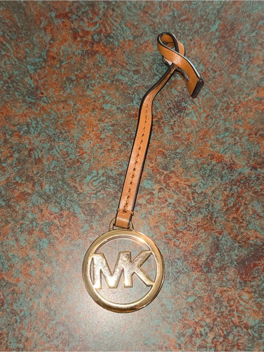 Michael Kors Brown Leather Strap Key Charm with Gold MK Logo